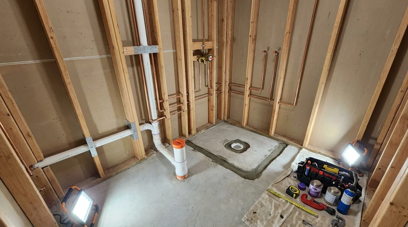 Bathroom rough-in plumbing during remodel by Johns Plumbing LLC in Centereach