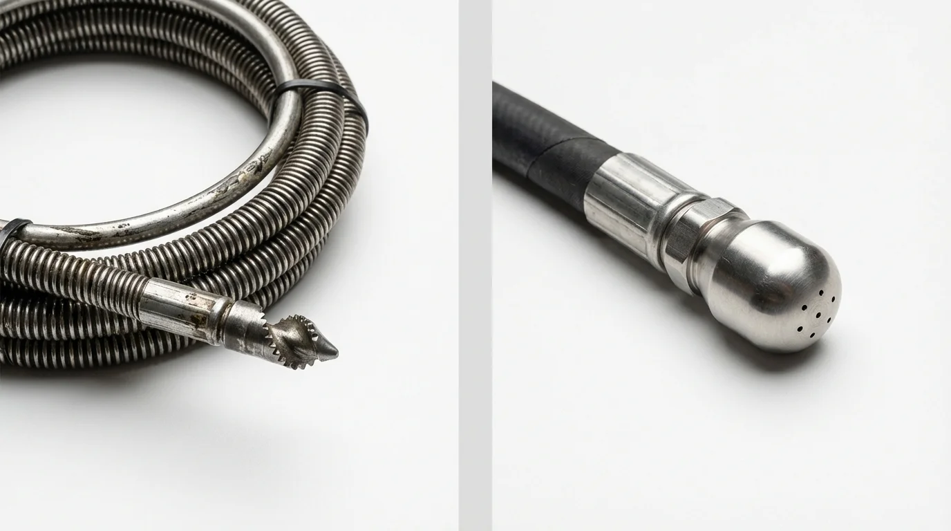 Drain snake cable and hydro jetting nozzle used for drain cleaning in Centereach, NY