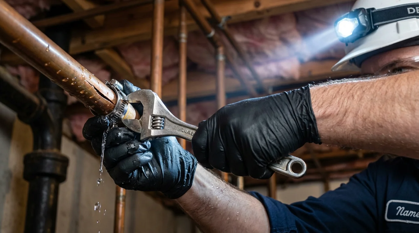 Emergency pipe clamp repair being performed by a Johns Plumbing LLC plumber in Centereach