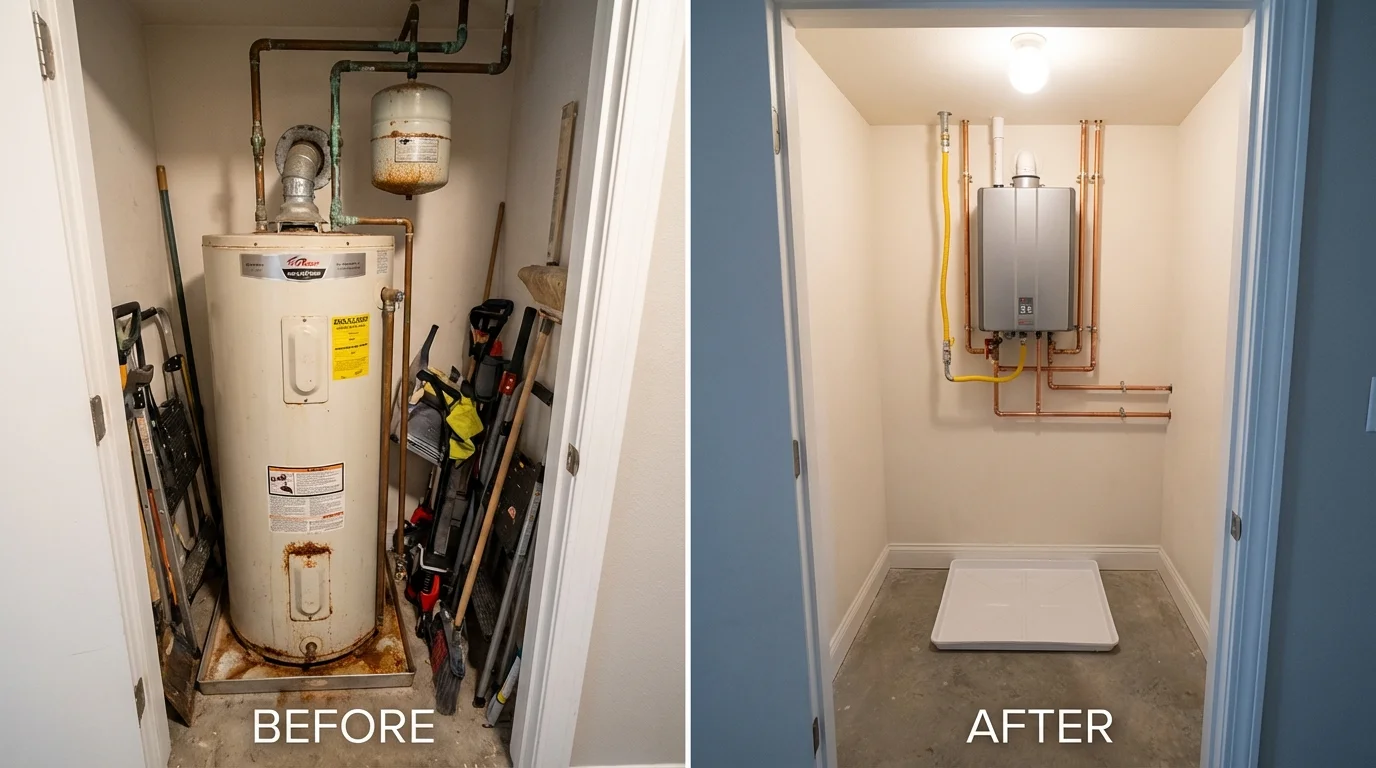 Tank water heater versus wall-mounted tankless unit comparison for Centereach, NY homeowners