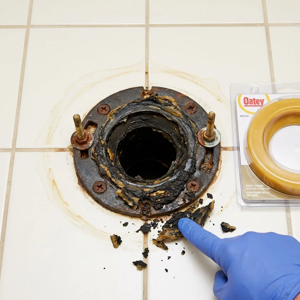 Failed wax ring showing water seepage at the base of a toilet in a Centereach, NY home