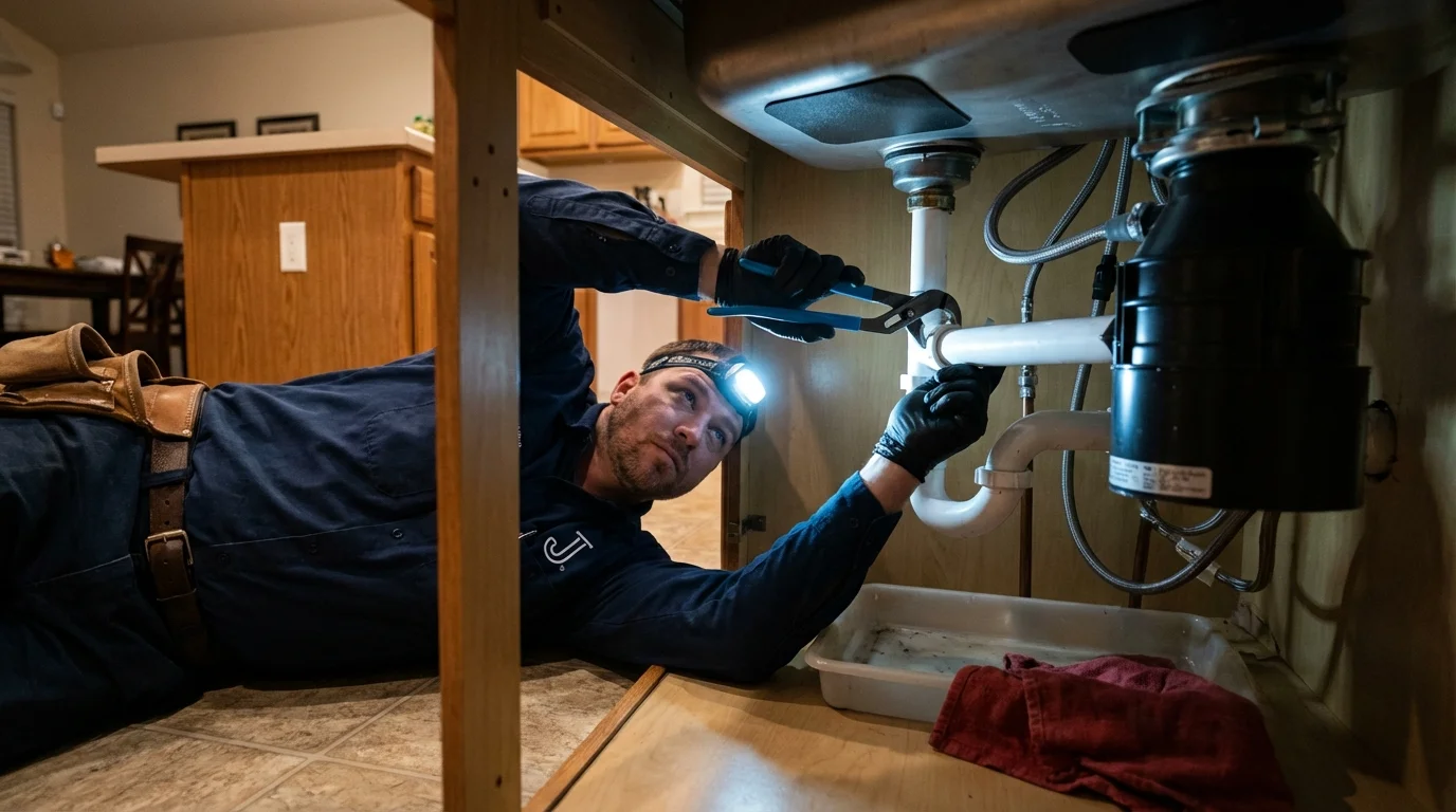 P-trap and supply line connections under a kitchen sink showing a common leak point in Centereach, NY